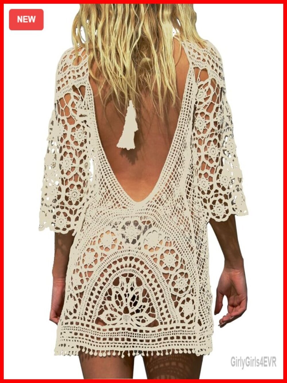 Crochet Lace Bikini Swimsuit Cover Up Backless Long Sleeve Beach Pool Cover-up